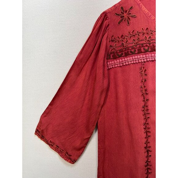 NWT Anandas Collection Womens Tunic Blouse Large Red Embroidered Casual Boho Top - Picture 8 of 13